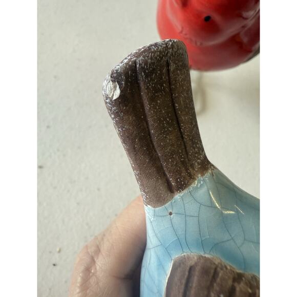 Ceramic Crackle Glazed Garden Bird Metal Feet Blue Jay Red Bird Cardinal 4"×5" - Picture 7 of 9